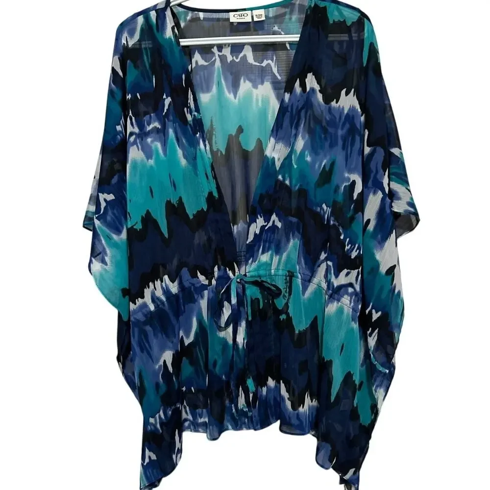 Cato Women's Black Teal Blue Sheer Tie Waist Blouse/Cover Up Size 18/20W - Picture 1 of 5